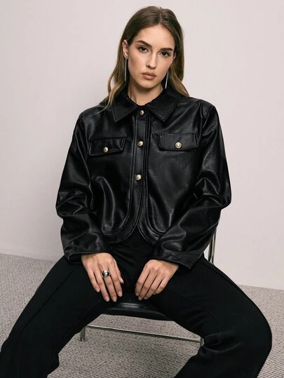 ATUI Studio Chaqueta de mujer, chaqueta casual de manga larga con textura de cuero sintético de unicolor, decoración metálica, chaqueta de cuero, chaqueta casual, chaqueta de moda, otoño/invierno, chaqueta negra, Navidad para mujer, look de Año Nuevo, fiesta, Acción de Gracias, esencial de estilo chic sin esfuerzo, vestimenta casual versátil para negocios, estética de dinero viejo, esencial del minimalismo, traje de vanguardia