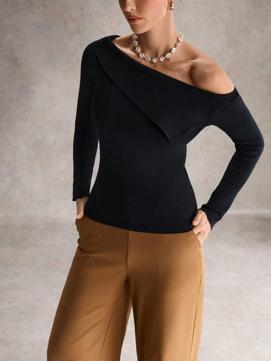 SHEIN Unity Damen einfarbiger langärmeliger figurbetonter Pullover, lässiger Winterpullover - Schwarz - Übersicht 1