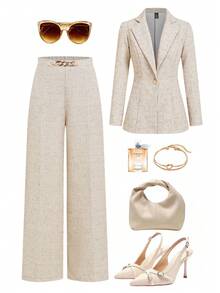 Ellevyn Autumn  Women's Elegant Commuter Business Khaki Wide Leg Pants, Suit Pants, Versatile Elegant Classic High Waist With Gold Metallic Decor  Wedding Guest Party Dress    Fall Clothes For Women