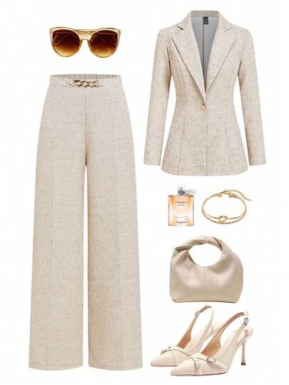 Ellevyn 女士优雅通勤商务卡其色阔腿裤，西装裤，百搭优雅经典高腰金色金属装饰