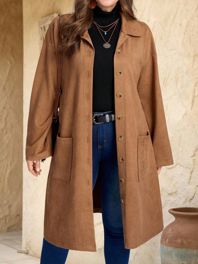 Plus Size Women Fall /Winter Brown Mid-Length Casual Coat With Pockets, Autumn/Winter,Going Out,2025 New,Simple And Fashionable For Everyday Wear