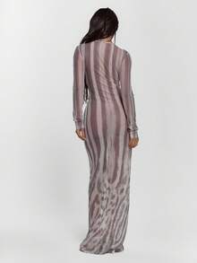 MUSERA Vestido maxi de manga larga con cuello redondo, ajustado, con estampado animal en malla, sexy para salir, otoño, noche, invierno, lindo, ropa de calle, Feraux, fiesta de Navidad, Acción de Gracias, elegante