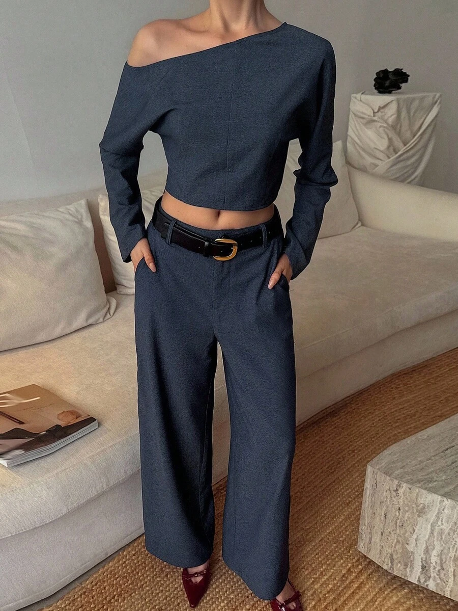 DAZY Women's Asymmetric-Shoulder Loose Cropped Denim 2 Pieces Set - Dark Wash - View 1