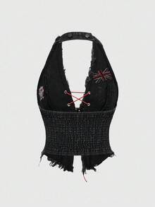 ROMWE Avant 女式复古摩托车风格返校校园学院风数字和英文文字英国国旗印花无袖牛仔短款上衣 - 黑色 - 查看 2