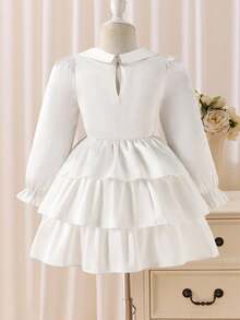 Glamorique Kids فستان كيك أبيض بتصميم جميل للبنات الصغيرات، طويل الأكمام، مناسب للحفلات وفتاة الزهور، مناسب للخريف والشتاء - أبيض - مشاهدة 2