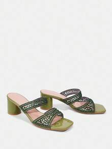 CUCCOO TILAWA Sandalias de tacón grueso cuadrado elegantes y cómodas con recortes y rhinestones para mujer, adecuadas para el uso diario y eventos - Verde Oliva - Ver 3