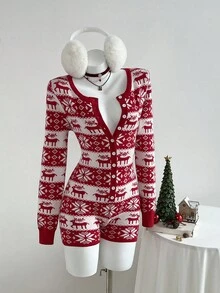 Elamini 圣诞休闲提花针织修身连体衣 - 紅色 - 查看 6