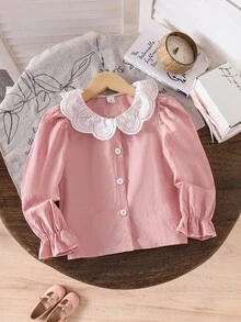 SHEIN 1 件女童纯白色蕾丝边休闲衬衫，精致荷叶边大彼得潘领，秋季可爱日常百搭衬衫 - 粉色 - 查看 1