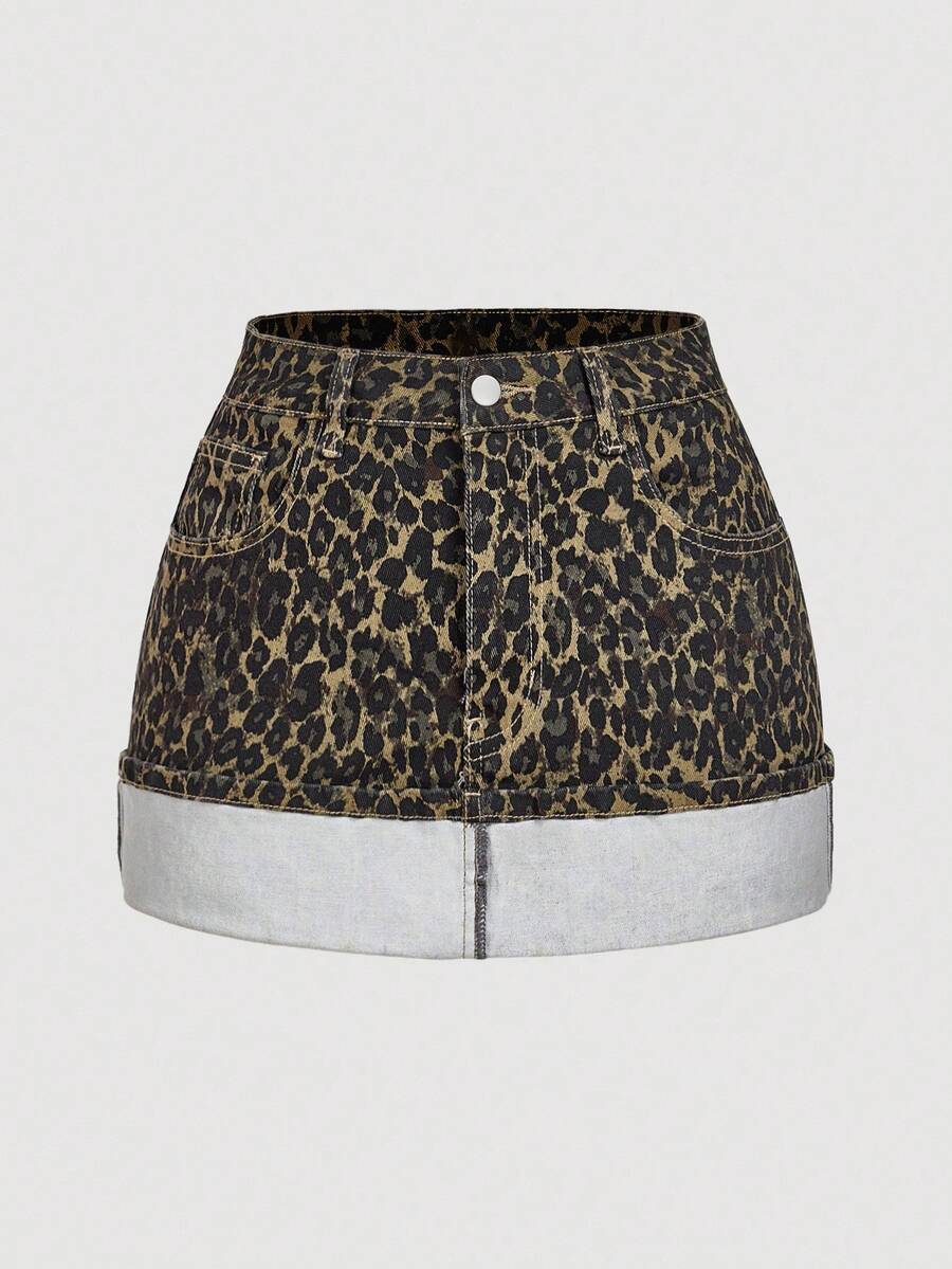 SHEIN MOD Váy ngắn denim họa tiết da báo thời trang dạo phố cho nữ, mùa hè - Nhiều màu - Xem 1