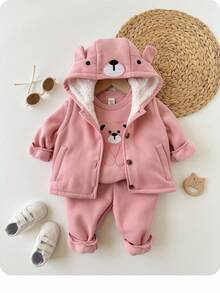 3 pièces Ensemble de vêtements pour bébé fille avec capuche, motif de dessin animé mignon, pantalon à taille élastique et gilet à capuche, automne/hiver - Rose bonbon - Voir 4