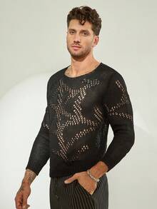 FeverCity 男士纯色镂空透视性感长袖套头衫，适合秋冬 - 黑色 - 查看 5