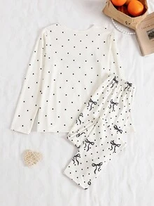 女童黑色圆点蝴蝶结印花针织柔软宽松两件套家居服套装，优雅风格 - 彩色 - 查看 2