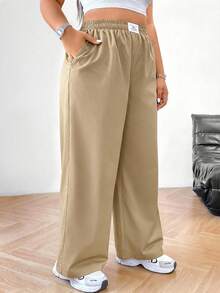 SHEIN PETITE CURVE Quần ống rộng màu đen thường ngày cỡ lớn dành cho nữ - Màu Khaki - Xem 5