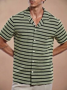 Manfinity Homme 男士针织条纹提花休闲度假短袖衬衫 - 綠色 - 查看 3