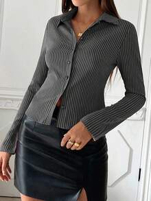 Zielony Women's Striped Long Sleeve Casual Shirt, Spring/Summer,Long Sleeve Tops Fall Cloth For Women - Dark Grey - View 4