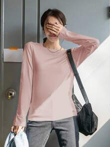 DAZY Women's Fitted Solid Color Round Neck Long Sleeve Base Layer T-Shirt - Pink - View 3