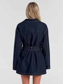 Avantive Blue Denim Jacket With Metal Buttons Fall Winter Christmas New Year Women Elegant Casual Thanksgiving Church Women Autumn Winter Belted Denim Jacket Christmas Elegant Denim Jacket With Belt Denim Shacket - Dark Wash - View 2