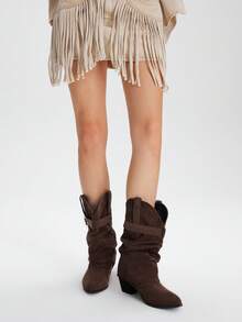 Styleloop Buckle Decor Pleated Pointed Toe Chunky Heel Slip-On Mid-Calf Boots, Suitable For Halloween, Christmas, Party Outfit, Cowboy Boots - Coffee Brown - View 2