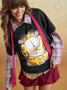 GARFIELD | SHEIN Women's Casual Vintage Cartoon Cat Print Round Neck Short Sleeve T-Shirt, Summer - Black - View 7