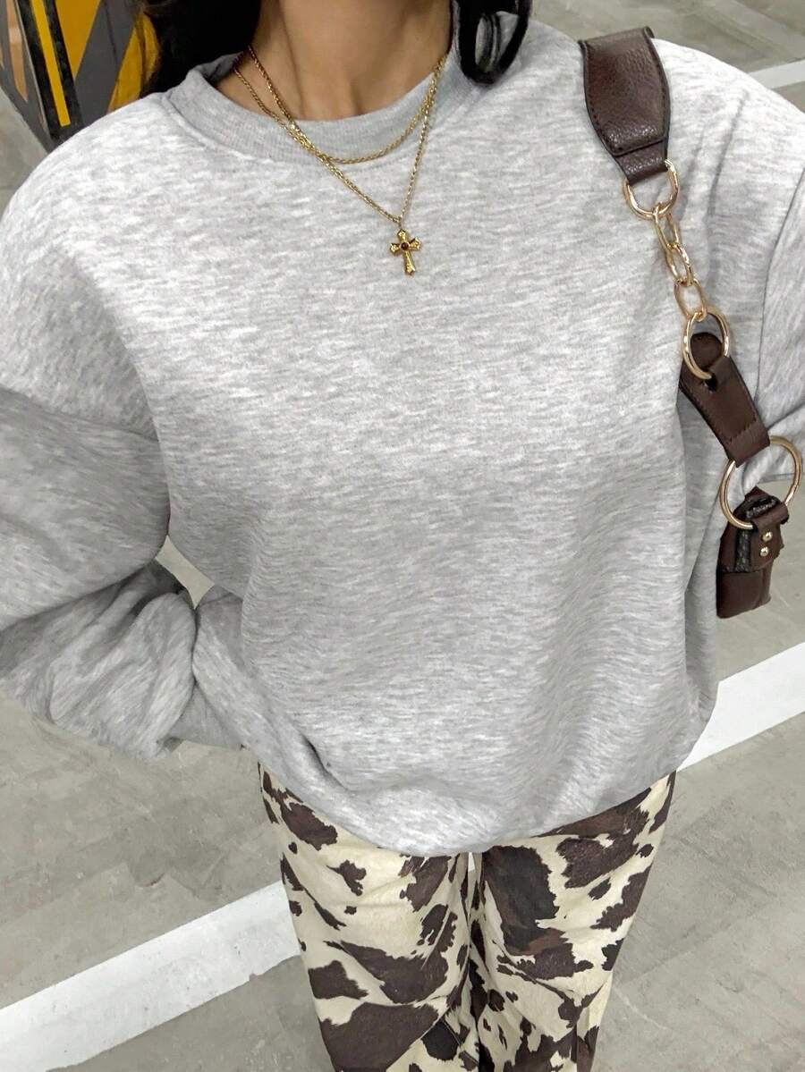 Muchica Women's Cherry Blossom Print Simple Daily Camisole, Crew Neck Long Sleeve Sweatshirt,Long Sleeve Tops In Fall/Winter - Grey - View 1