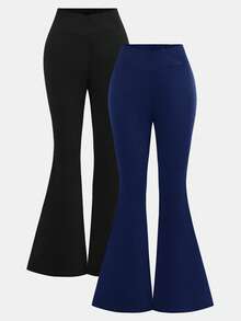 Girlism 2pcs/Set Tween Girls Solid Color Flared Pants Bottoms, Versatile Daily Wear - Navy Blue - View 3