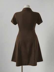 Sunspun Punk Chic Fashion Collared Casual Versatile Contrast Color Spider Print Waist Flare A-Line Dress - Brown - View 2
