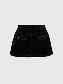 ROMWE Kawaii Váy denim cạp thấp phong cách Y2K cỡ lớn có khóa kéo rách - màu đen - Xem 4