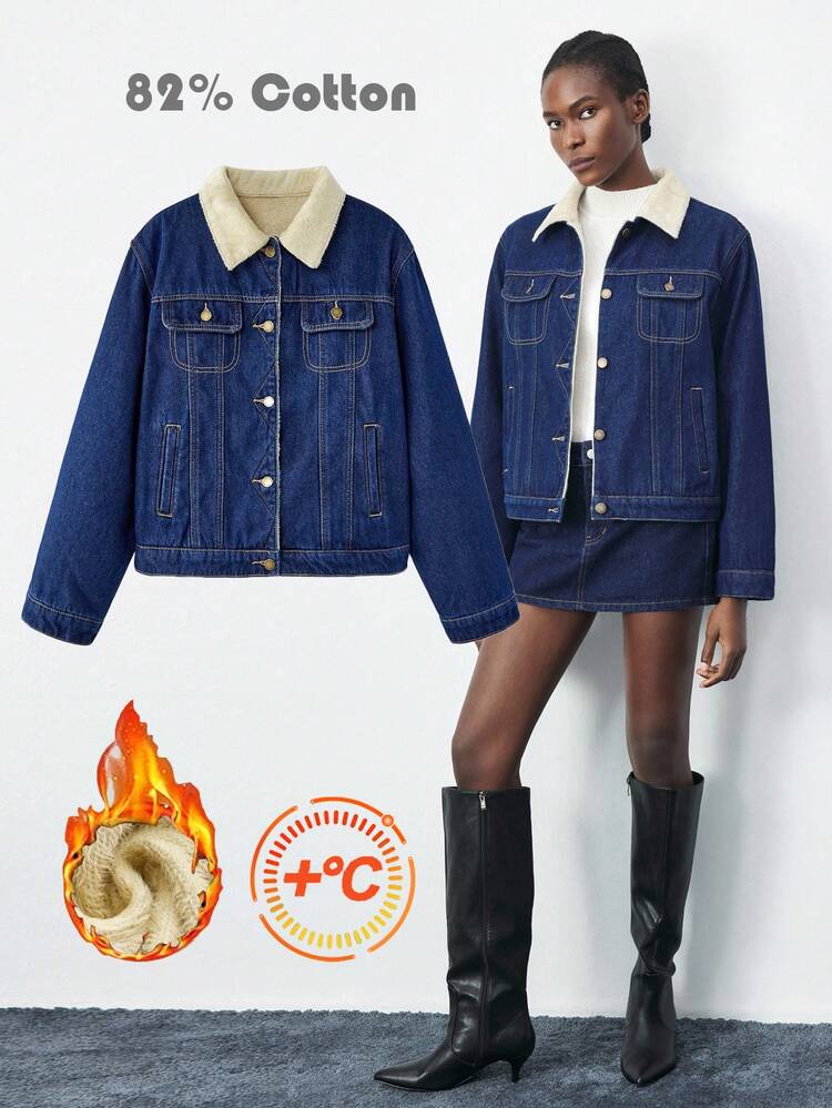 SHEIN Maija Women's Fleece Denim Coat Winter Long-Sleeved Warm Coat Casual Wear Thanksgiving For Women Christmas