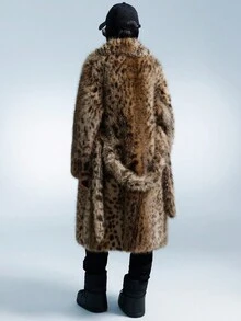 GENKIRA 长款仿皮草大衣女冬季2025新款高腰长毛豹纹狐狸毛冬季风衣 - 棕色 - 查看 2