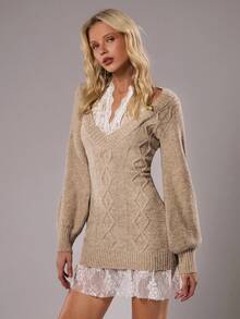 TRNVIE 1pc Women's Apricot Sweater Dress, Everyday Wear, 2 In 1, Lace & Cable Knit Pattern, Bodycon Waist - Apricot - View 4