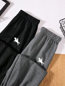 SHEIN 2 件套青少年男孩休闲纯色补丁抽绳针织裤，2 种颜色，春夏 - 彩色 - 查看 3