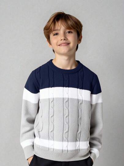 SHEIN 青少年男孩休闲韩版圆领毛衣，适合通勤、上学、日常休闲装、运动、秋冬季