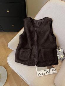 Resyla Women's Solid Color Minimalist Design Sleeveless Pocket Short Jacket, Versatile For Autumn/Winter - Brown - View 3
