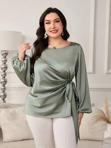 SHEIN Clasi 大码女式不对称圆领长袖绿色衬衫 - 綠色 - 查看 3