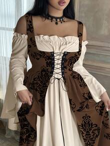 Lyrianda 大码女式露肩长袖喇叭袖荷叶边袖优雅复古花卉波尔卡圆点印花复古可爱派对休闲节日拼色连衣裙 - 咖啡棕 - 查看 5