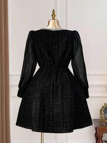 SHEIN Clasi Christmas Plus Size Women Black Autumn Elegant Formal Evening Vintage French Chic Sequins Ribbon Bowknot Button Knee-Length Dress,Halloween Costume - Black - View 4