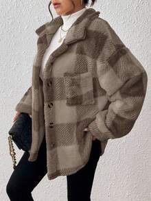 INAWLY 女士秋冬时尚通勤格子常规夹克 - 摩卡棕 - 查看 3
