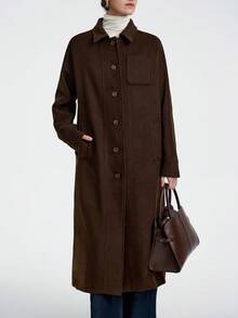 Aalyst 女士羊毛混纺衬衫领衬里纽扣前口袋长外套，法式复古办公室通勤商务休闲街头装，简单百搭秋冬装，适合万圣节、圣诞节、感恩节、下午茶派对、返校 - 棕色 - 查看 5