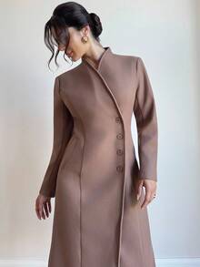 Firerie 女士优雅简约日常通勤都市时尚街头风教师休闲漏斗领纽扣腰部开衩长款大衣，秋冬女装 - 棕色 - 查看 7