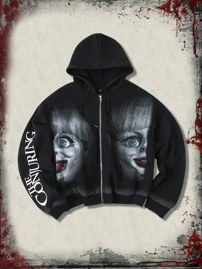The Conjuring X ROMWE Sudadera con capucha con cremallera y gráfico de figura para hombres, adecuada para otoño/invierno