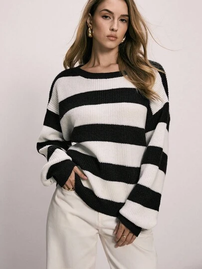 ATUI Studio 女士条纹针织毛衣，新款秋冬长袖宽松休闲时尚简约针织套头衫，圣诞毛衣，通勤百搭，新年造型，派对，感恩节