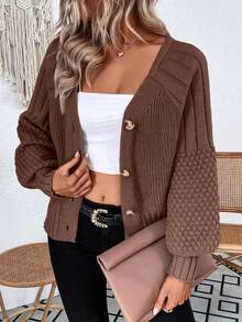 EMERY ROSE Raglan Sleeve Textured Knit Cardigan Button Up Cardigangreen Cardiganchunky Cardigan - Coffee Brown - View 3