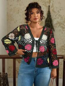 Travachic Áo khoác cardigan thêu hoa khoét lỗ cỡ lớn, trang phục thường ngày khi đi nghỉ - Màu xanh Ô liu - Xem 1