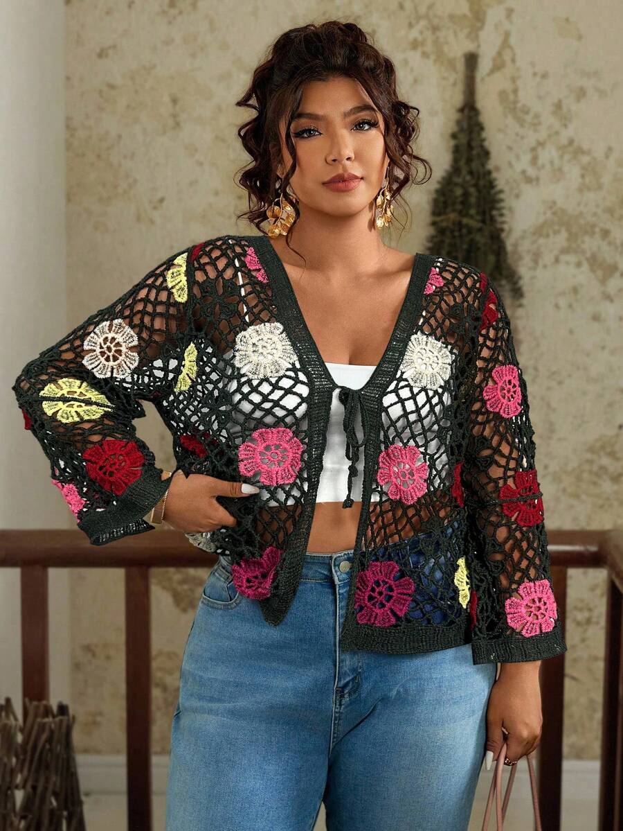 Travachic Áo khoác cardigan thêu hoa khoét lỗ cỡ lớn, trang phục thường ngày khi đi nghỉ - Màu xanh Ô liu - Xem 1