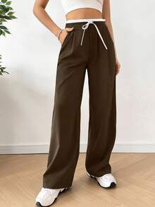 SHEIN EZwear Women's Lace-Up Pleated Casual Daily Wear Long Pants - Chocolate Brown - View 5