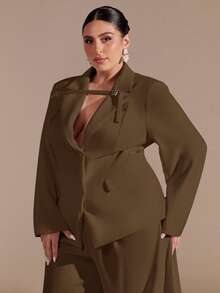 SHEIN BAE Plus Size Curve Autumn And Winter Elegant Commuter Business Party Big Woman Black Formal Waist Suit Jacket And Wide-Leg Pants Ladies Two Pieces Suit Business Casual Woman Suits For Woman Blazer Set Pants Suits For Woman Women Pants Suit Set Corporate Set Women Work Suits Woman Suit