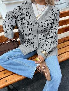DAZY 女式V领豹纹宽松休闲街头风开衫