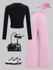 SHEIN ChillGRL Ensemble 4 pièces pour adolescentes, streetwear de base : t-shirt à manches longues col rond court avec pantalon de survêtement ample à rayures contrastées. Convient pour le quotidien, les déplacements, les sorties décontractées, les vacances, les rencontres, le style de rue - Noir - Voir 2