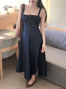 DAZY 女士系带无袖牛仔长裙，优雅女士夏季连衣裙