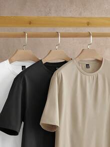 HIMLAND 3pcs Pack Men's Summer Solid Color Round Neck Short Sleeve Casual T-Shirt